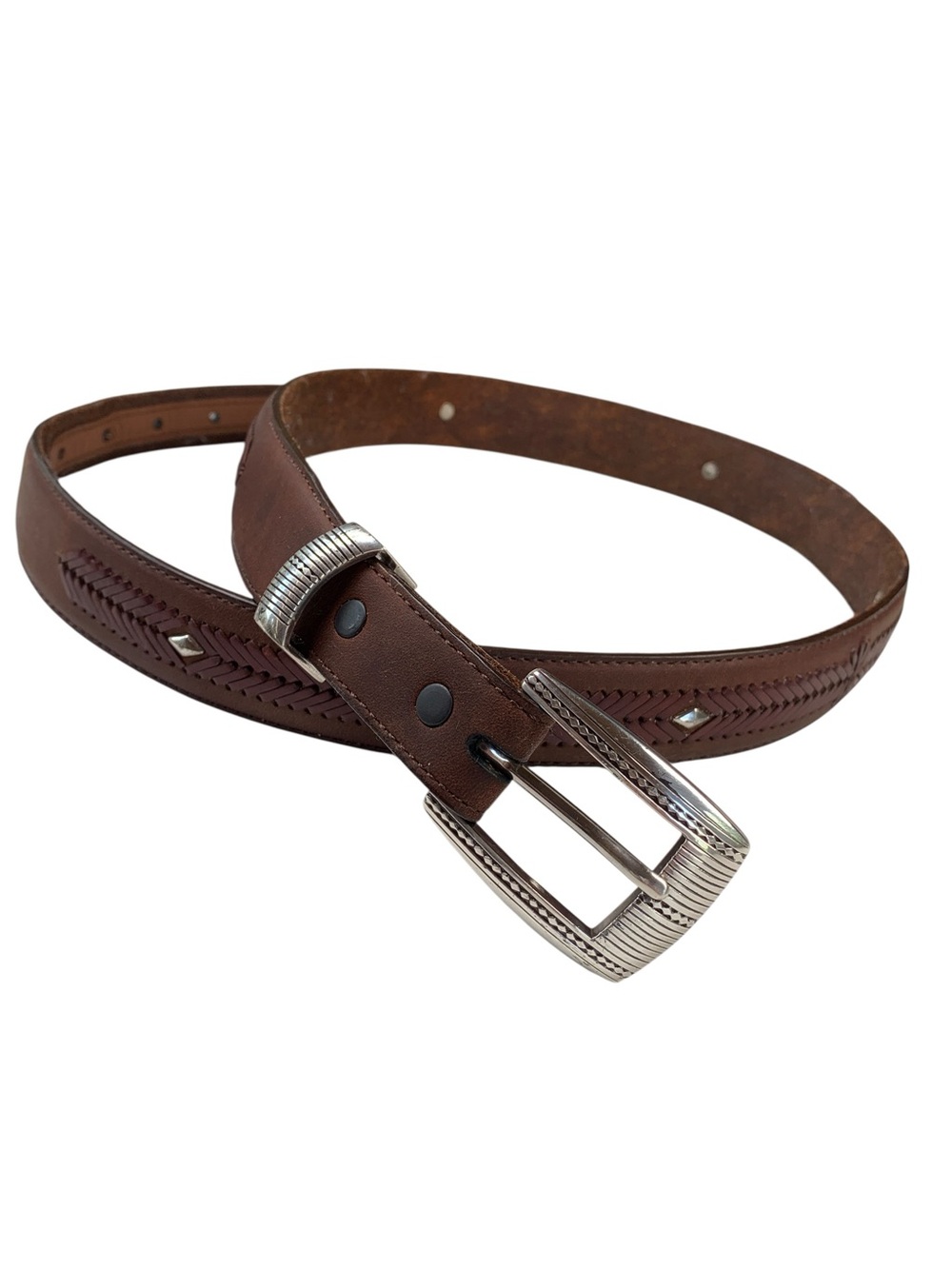 Onyx by Brighton Brown Leather Belt Engraved Buckle Woven Detail Size 38